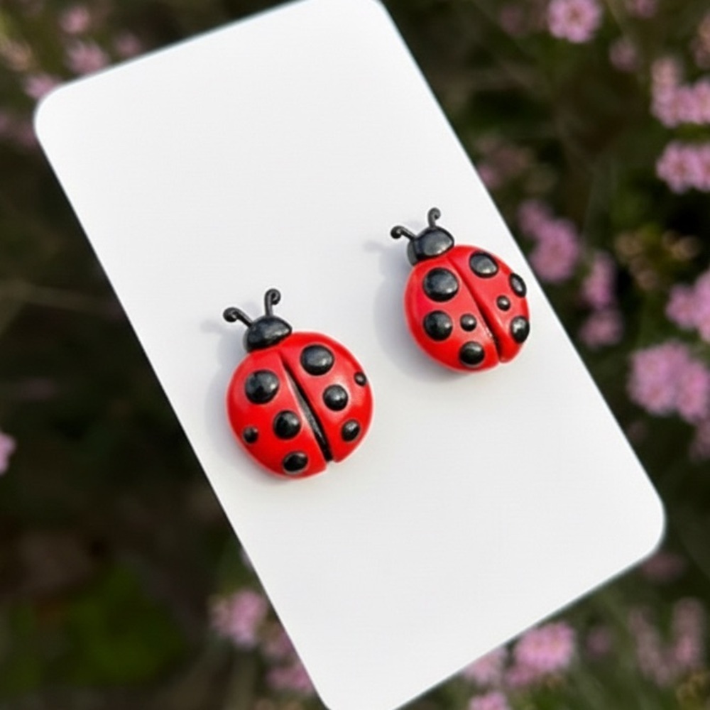 Ladybug Studs -  Handmade Earrings - Red & Black - Hypoallergenic